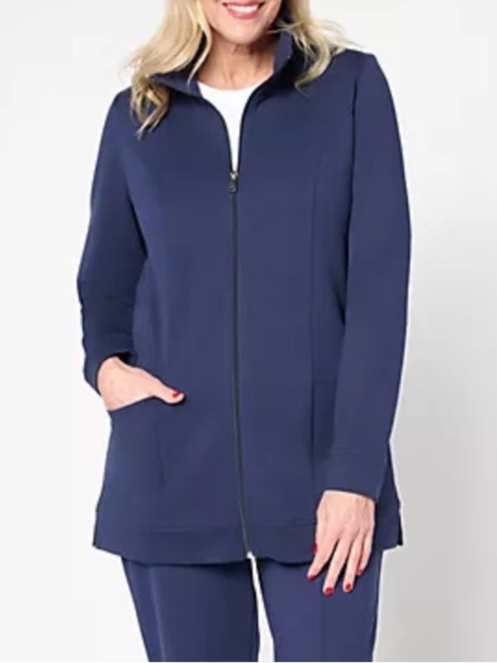 Denim & Co Easy Wear French Terry Zip Tunic Jacket Navy Large Petite
